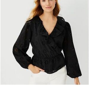Ann Taylor S  Black Floral Eyelet Lace Ruffle Peplum Long Sleeve Blouse
